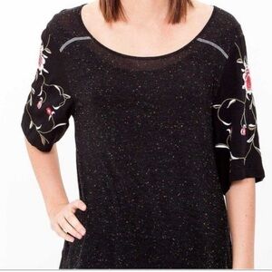 Free People Black Tea Rose Embroidered lace Short Sleeve Hi Low Tunic Top